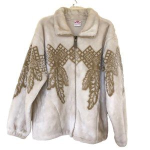 Milton Funwear Plush Fleece Jacket Cream & Beige Feather Design Oversized 90s